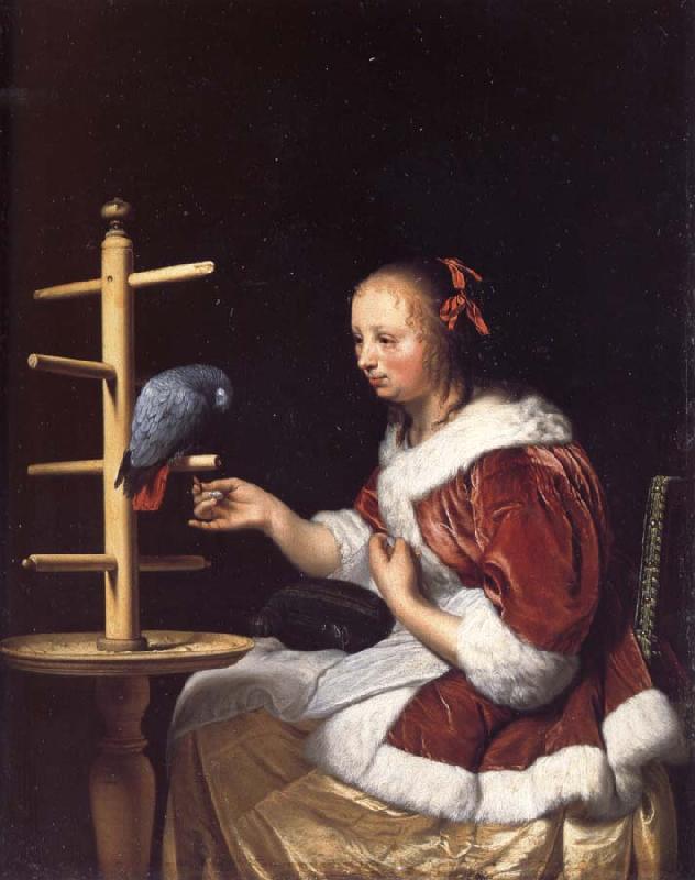 MIERIS, Frans van, the Elder A Woman in a Red Jacket Feeding a Parrot Germany oil painting art